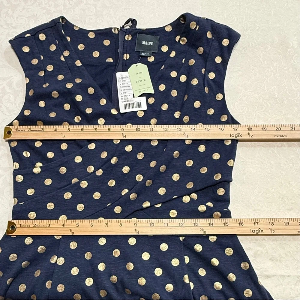 Maeve Polka Dot Dress Womens Medium Navy Gold Sleeveless Pockets Fit Flare Retro - Picture 6 of 11